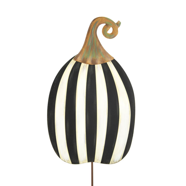 The Round Top Collection Tall Striped Pumpkin featuring black and white vertical stripes, whimsical curled stem and garden stake.