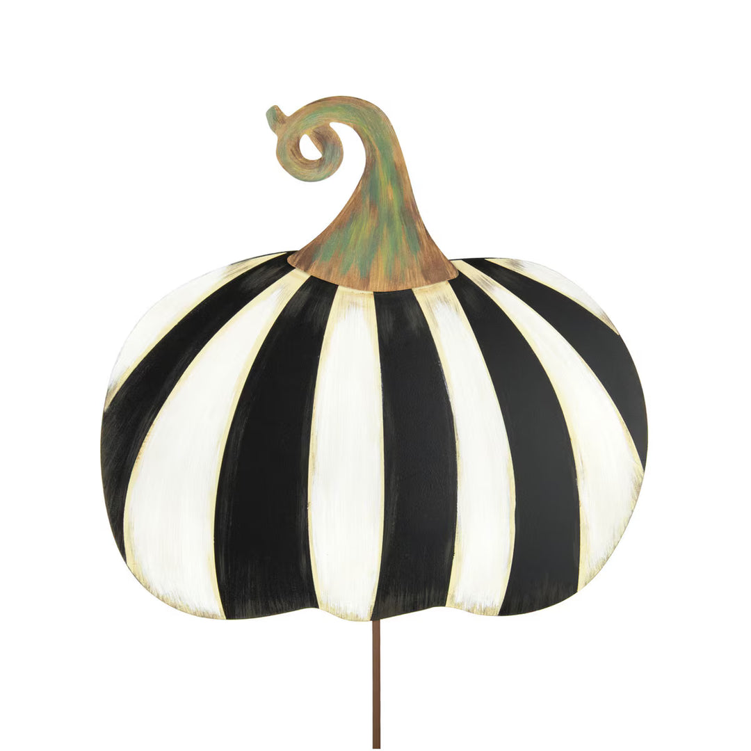 Short Black and White Striped Pumpkin by The Round Top Collection featuring bold vertical stripes, whimsical curled stem and garden stake.