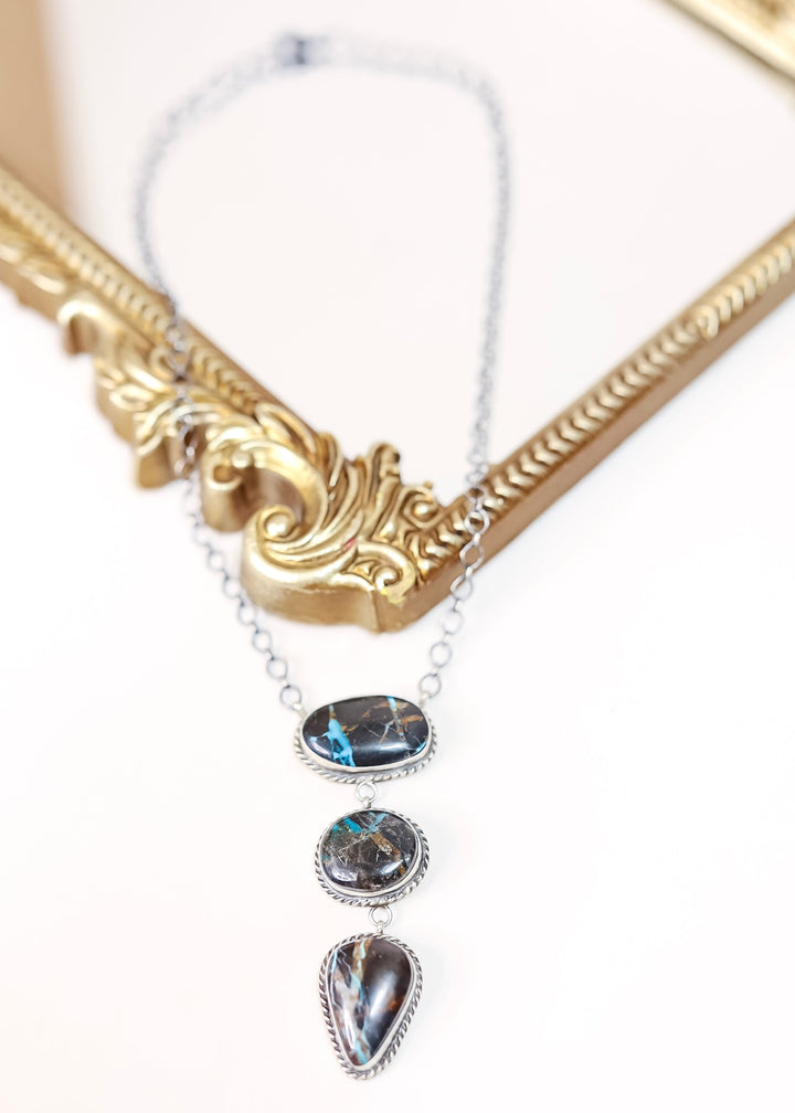 Donovan Nez | Navajo Handmade Sterling Silver Three Stone Necklace with Blue Moon Turquoise