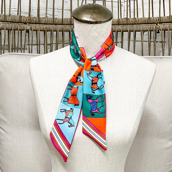 Pony Power Equestrian Twilly Scarf in Bright Turquoise, Orange and Green