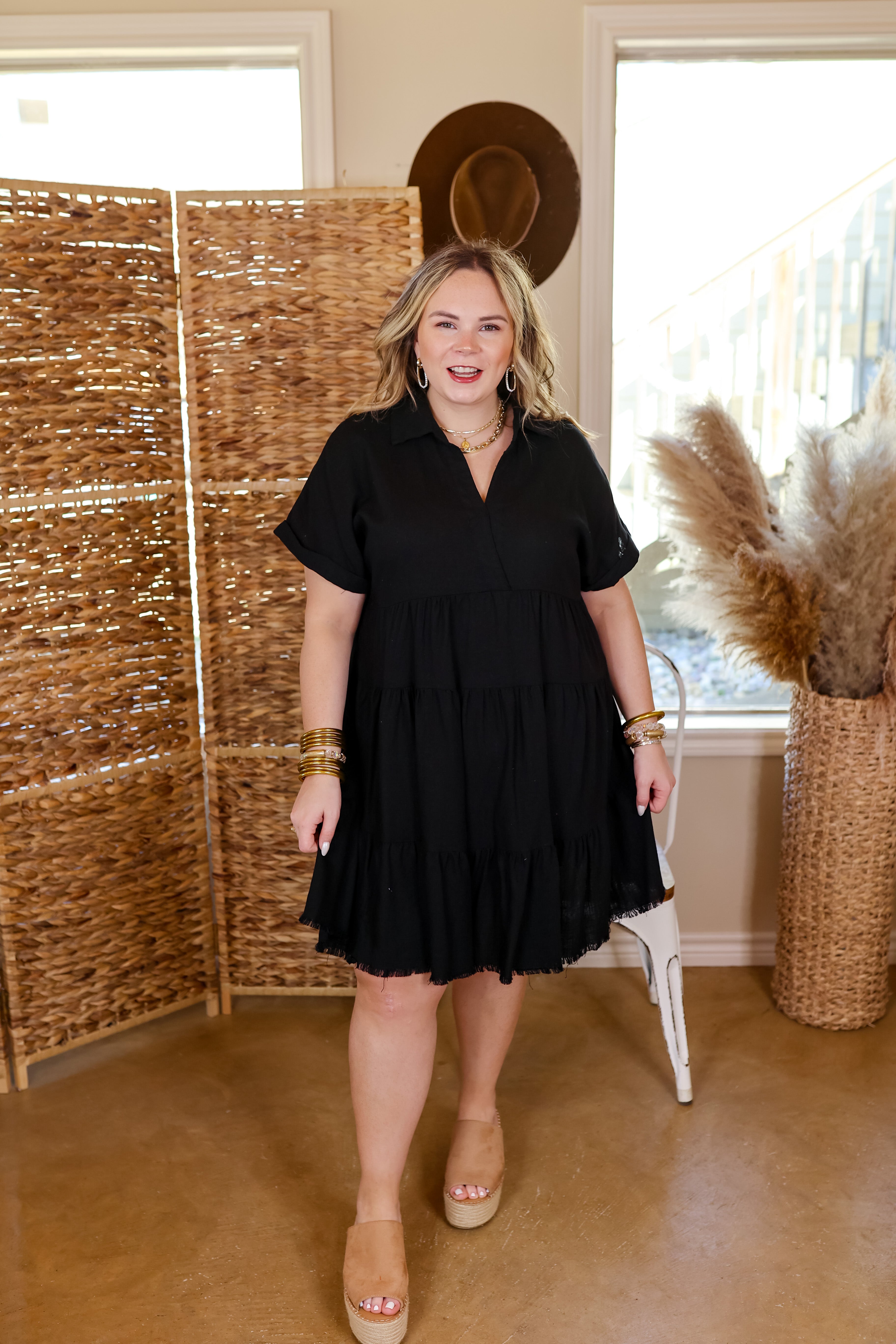 Taos Transitions Ruffle Tiered Collared Dress with Frayed Hem in Black - Giddy Up Glamour Boutique