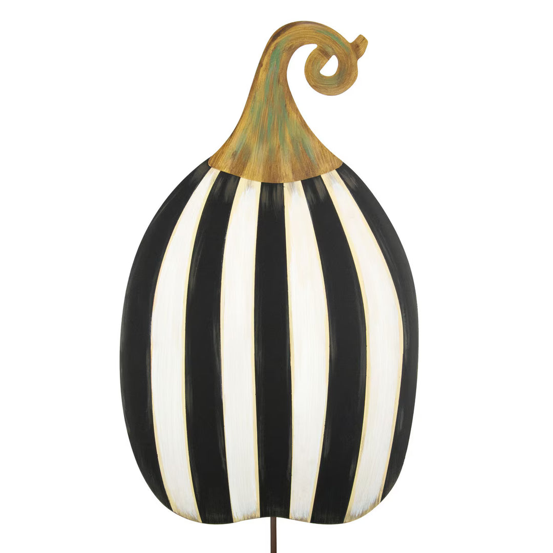 Yard Size Tall Striped Pumpkin by The Round Top Collection featuring black and cream vertical stripes, whimsical curled stem and garden stake.