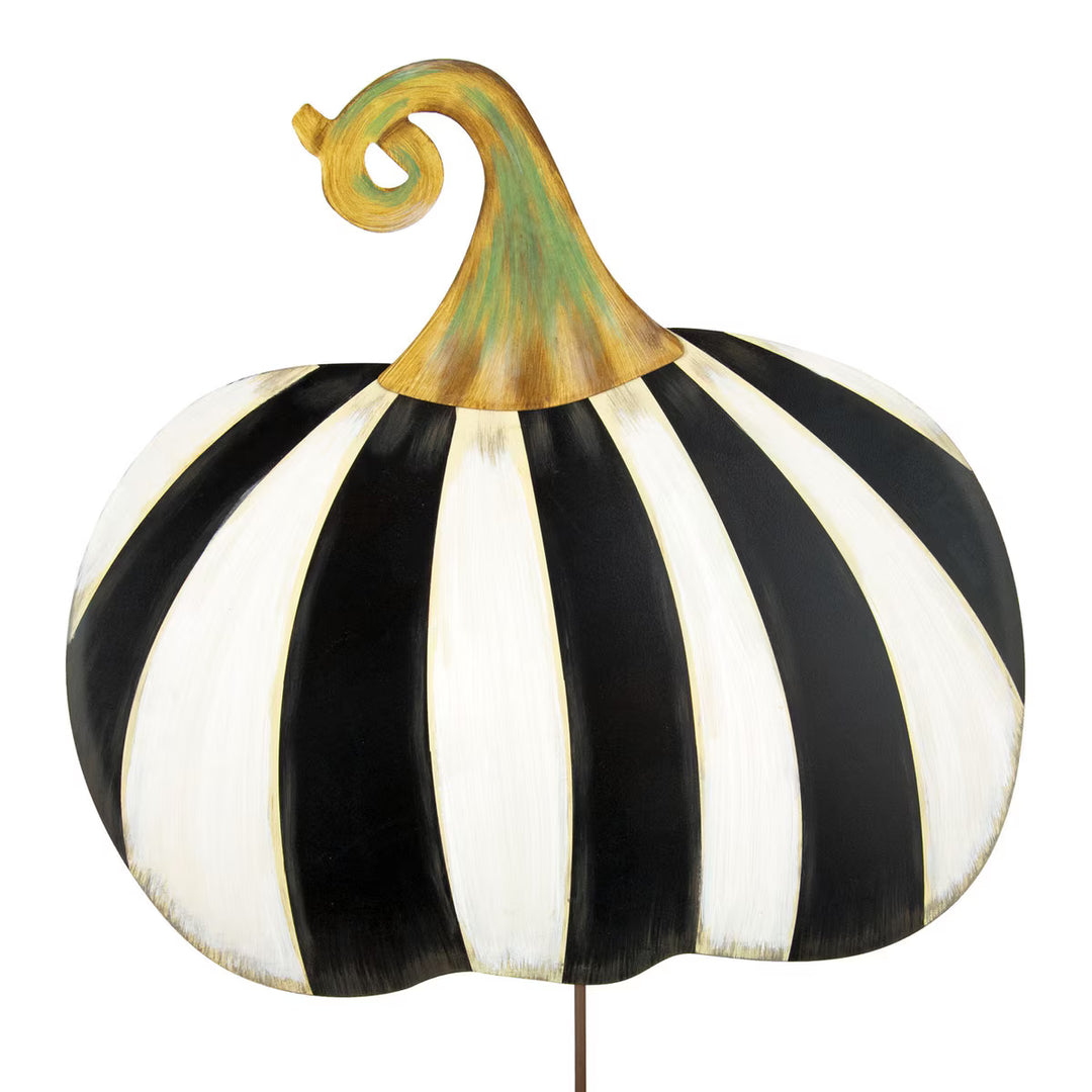 Yard Size Short Striped Pumpkin by The Round Top Collection featuring oversized black and cream vertical stripes, a whimsical curled stem and garden stake.
