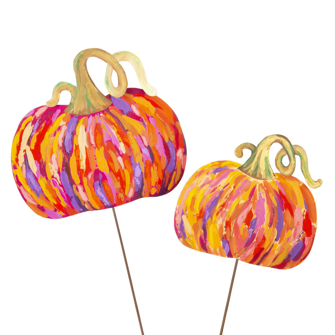 Large and small Artful Pumpkins by The Round Top Collection featuring colorful orange, pink, purple and yellow painterly designs with curly stems.