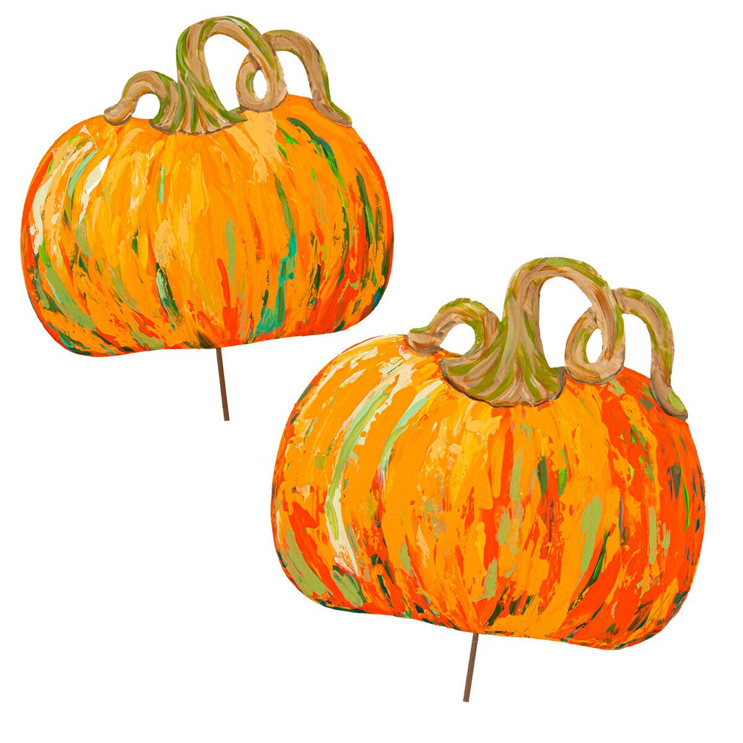 Two sizes of Round Top Collection Orange Artful Pumpkins featuring colorful orange, green and turquoise painted details with whimsical curly stems.