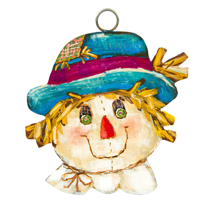 Colorful Round Top Collection Scarecrow Charm featuring a smiling scarecrow with turquoise blue hat, pink band, straw hair and attached metal hanging ring.