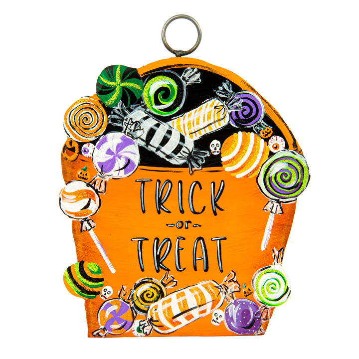 The Round Top Collection Trick or Treat Bag Charm featuring colorful Halloween candy and glitter accents for display boards, wreaths, and Halloween decorating.