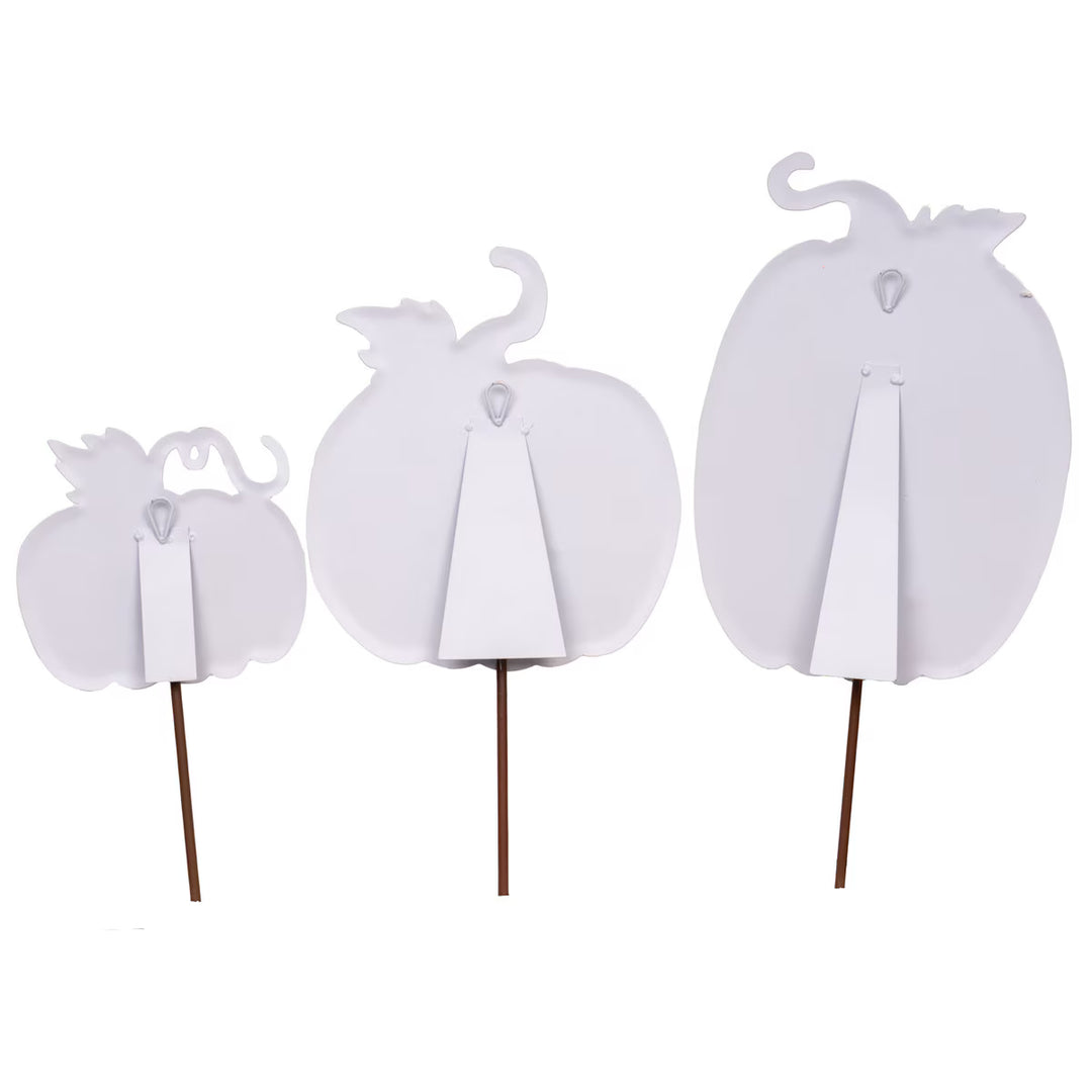 Back of Round Top Collection Watercolor Pumpkins showing built-in easels, hanging hardware and garden stakes.