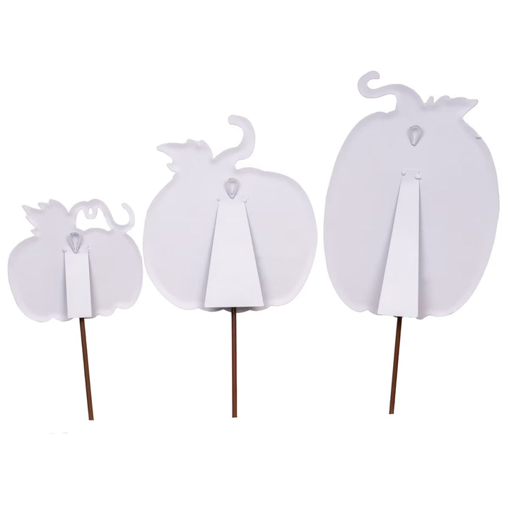 Back of Round Top Collection Watercolor Pumpkins showing built-in easels, hanging hardware and garden stakes.