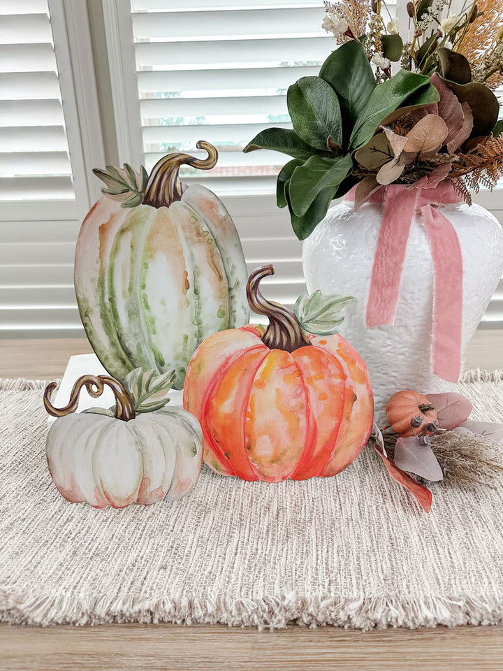 Round Top Collection Watercolor Pumpkins styled in an elegant neutral fall and Thanksgiving dining table centerpiece.
