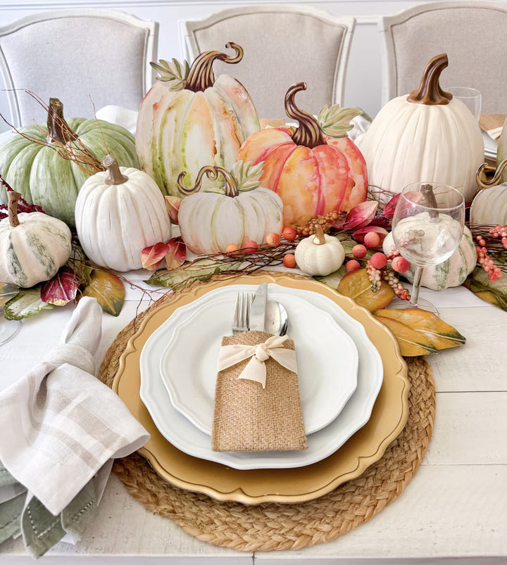 Three Watercolor Pumpkins by Round Top Collection styled together with soft neutral and blush fall home décor.