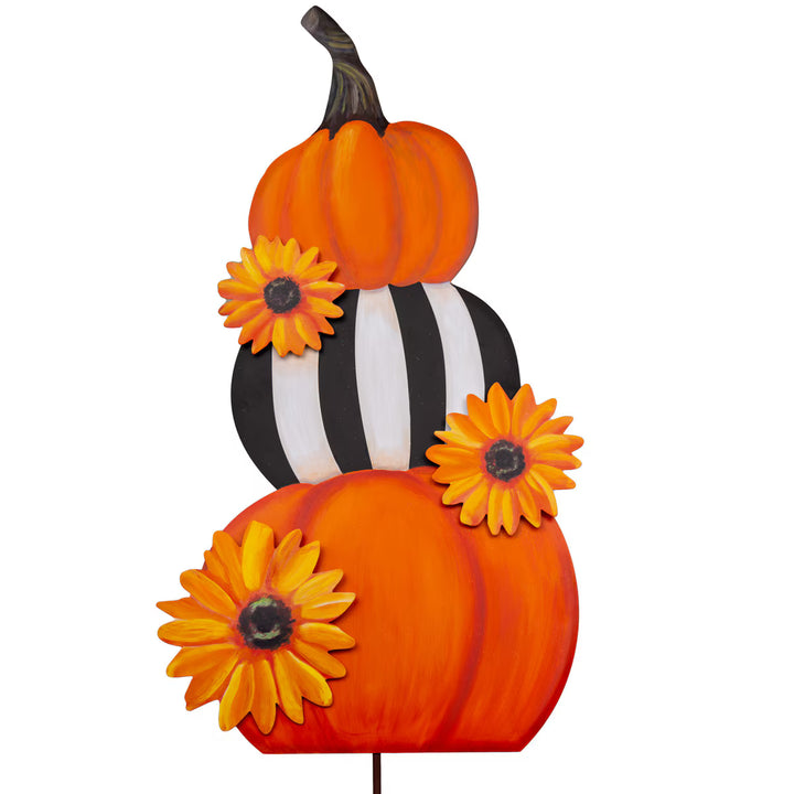 Round Top Collection Pumpkin and Sunflower Stack featuring orange pumpkins, a black and white striped pumpkin and dimensional orange sunflowers.