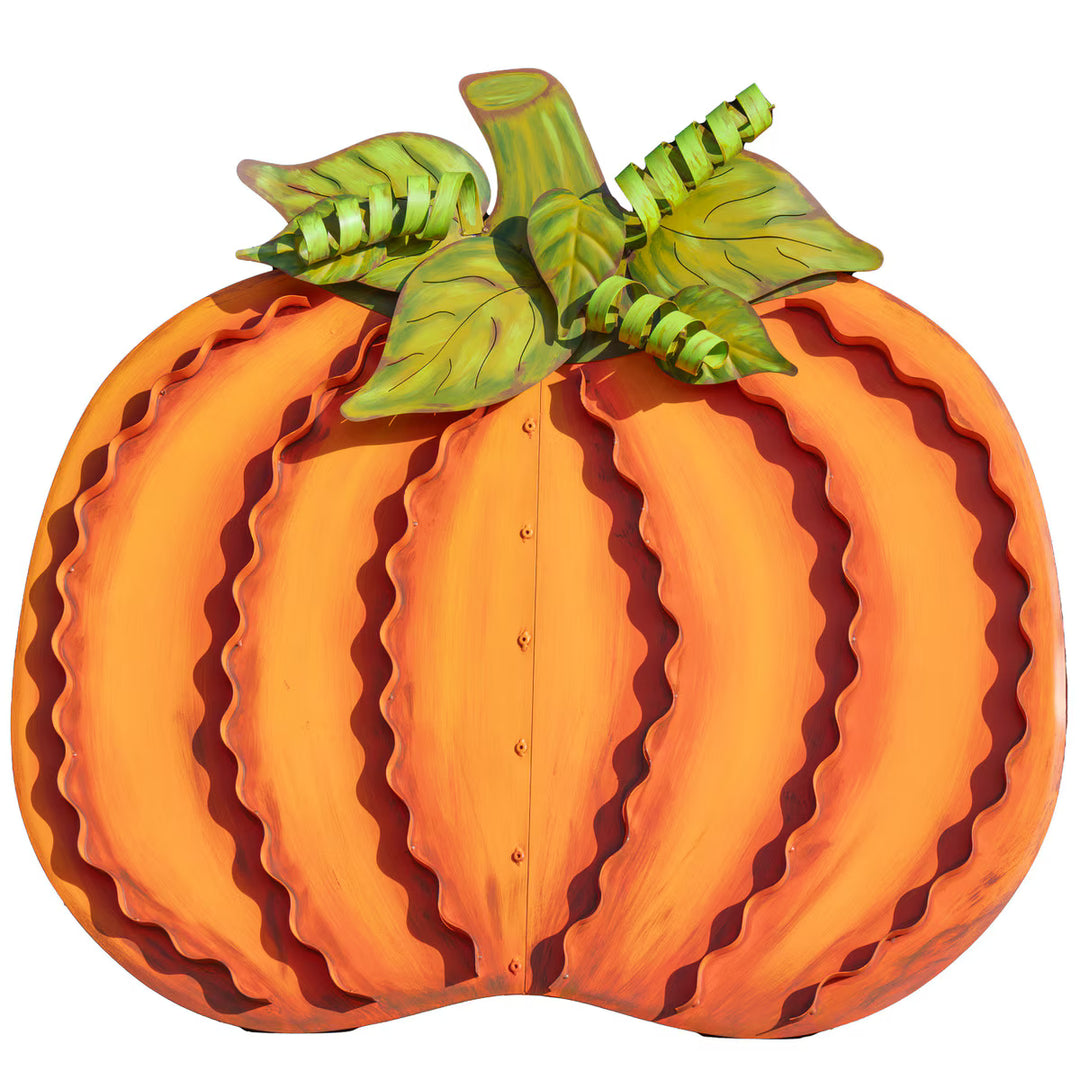 45-inch Biggest Ribbon Pumpkin Ever by Round Top Collection in orange with dimensional ribbon detailing, green leaves and curly vines.