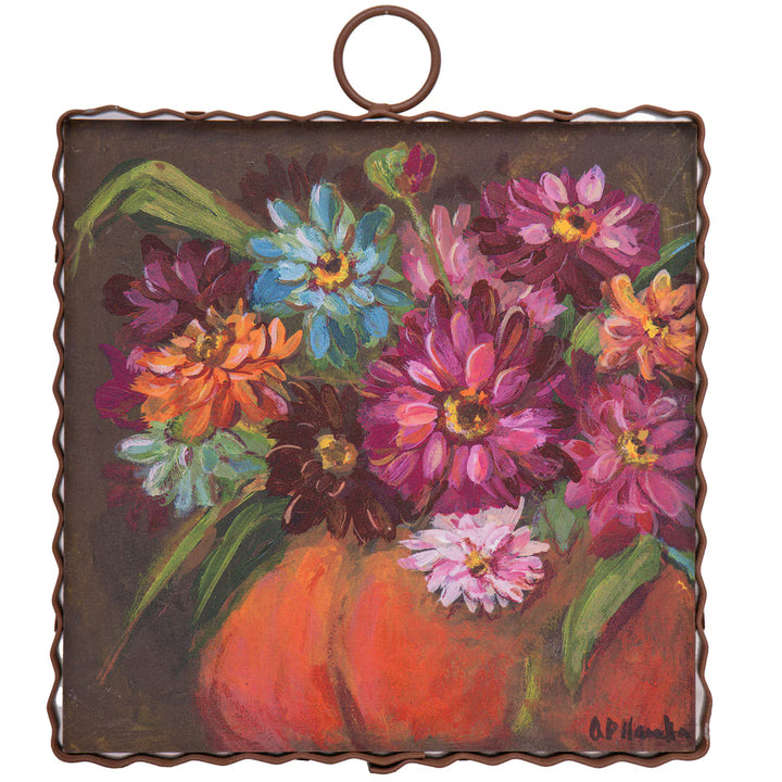 Round Top Collection Zinnias in a Pumpkin Mini Art Gallery by Amanda Hamilton featuring colorful pink, turquoise, orange and burgundy flowers.