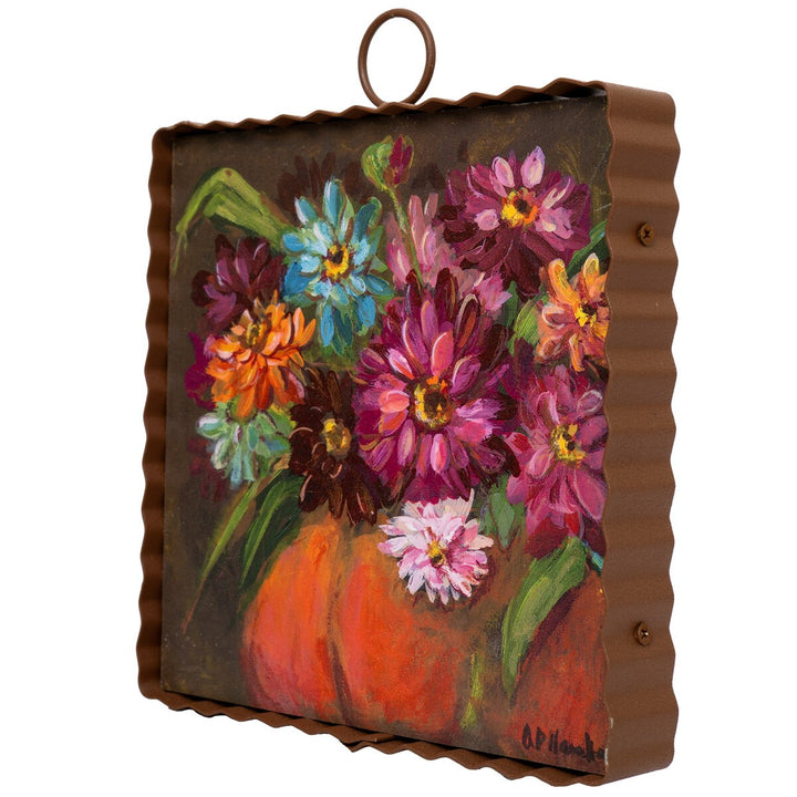 Amanda Hamilton Zinnias in a Pumpkin Mini Art Gallery featuring colorful zinnia flowers, an orange pumpkin and brown corrugated metal frame.