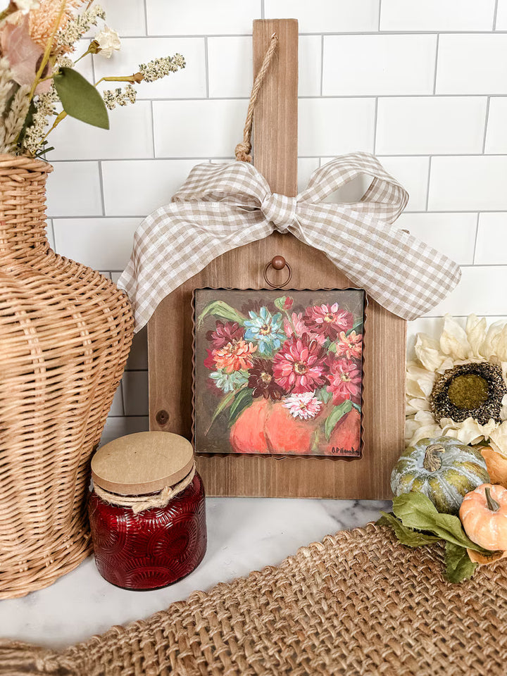 Hamilton Zinnias in a Pumpkin Mini Art Gallery by The Round Top Collection displayed on a wood display board with colorful fall decor.