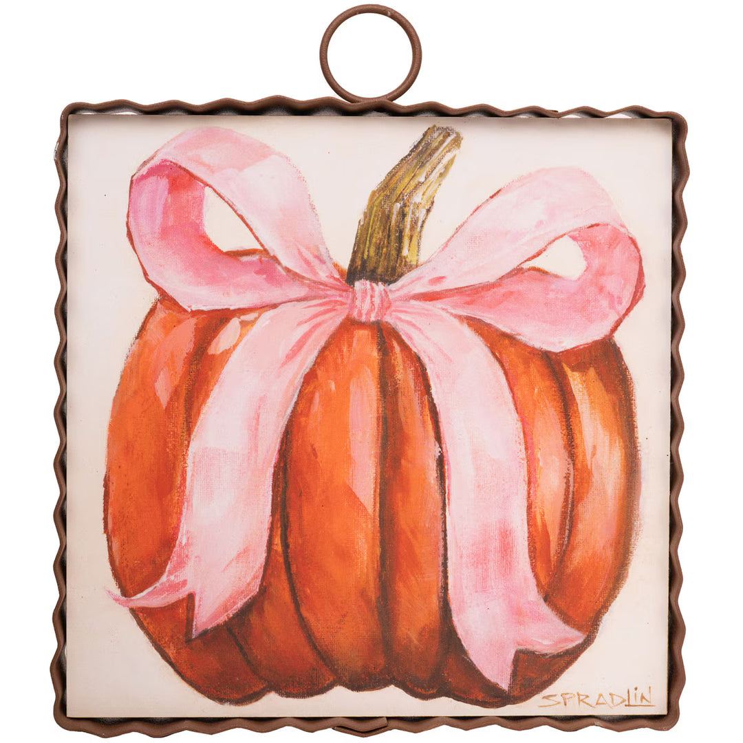 Pink Ribbon Pumpkin Mini Art Gallery by The Round Top Collection featuring watercolor orange pumpkin with oversized pink bow by artist Roxanne Spradlin.