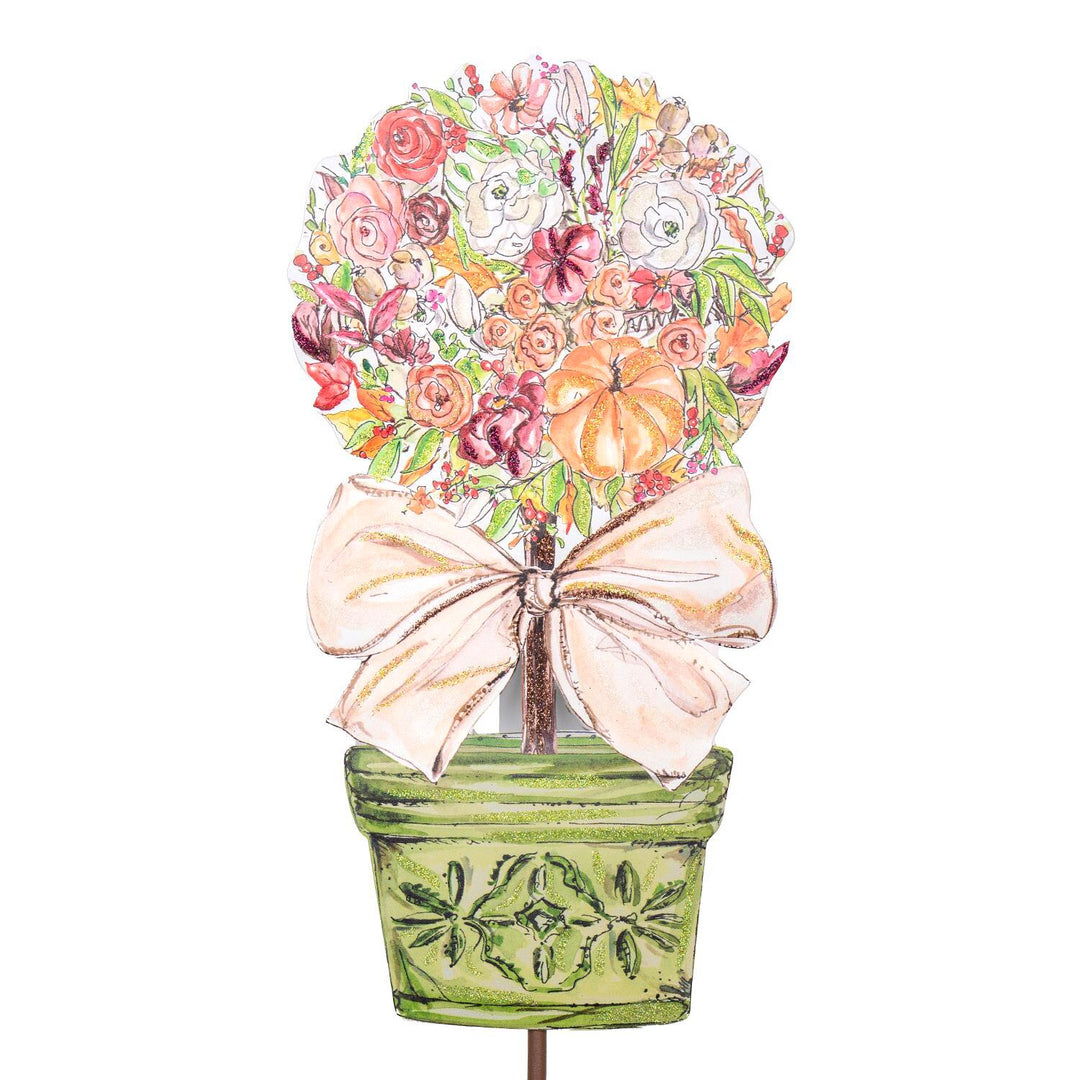 Rosanne Beck Rose and Pumpkin Topiary by Round Top Collection featuring colorful fall flowers, an orange pumpkin, oversized bow and green planter.