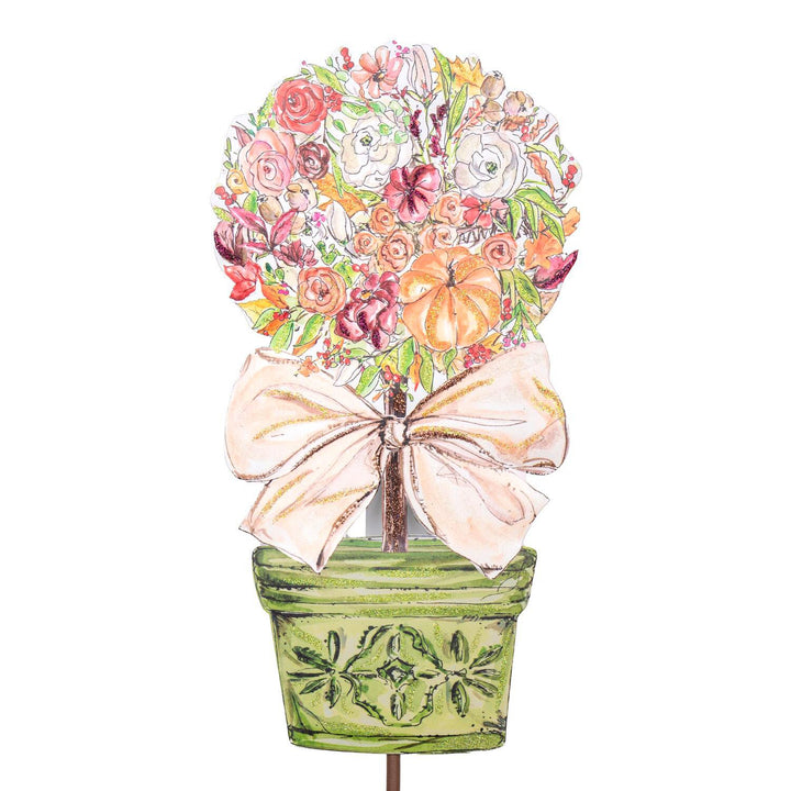 Rosanne Beck Rose and Pumpkin Topiary by Round Top Collection featuring colorful fall flowers, an orange pumpkin, oversized bow and green planter.