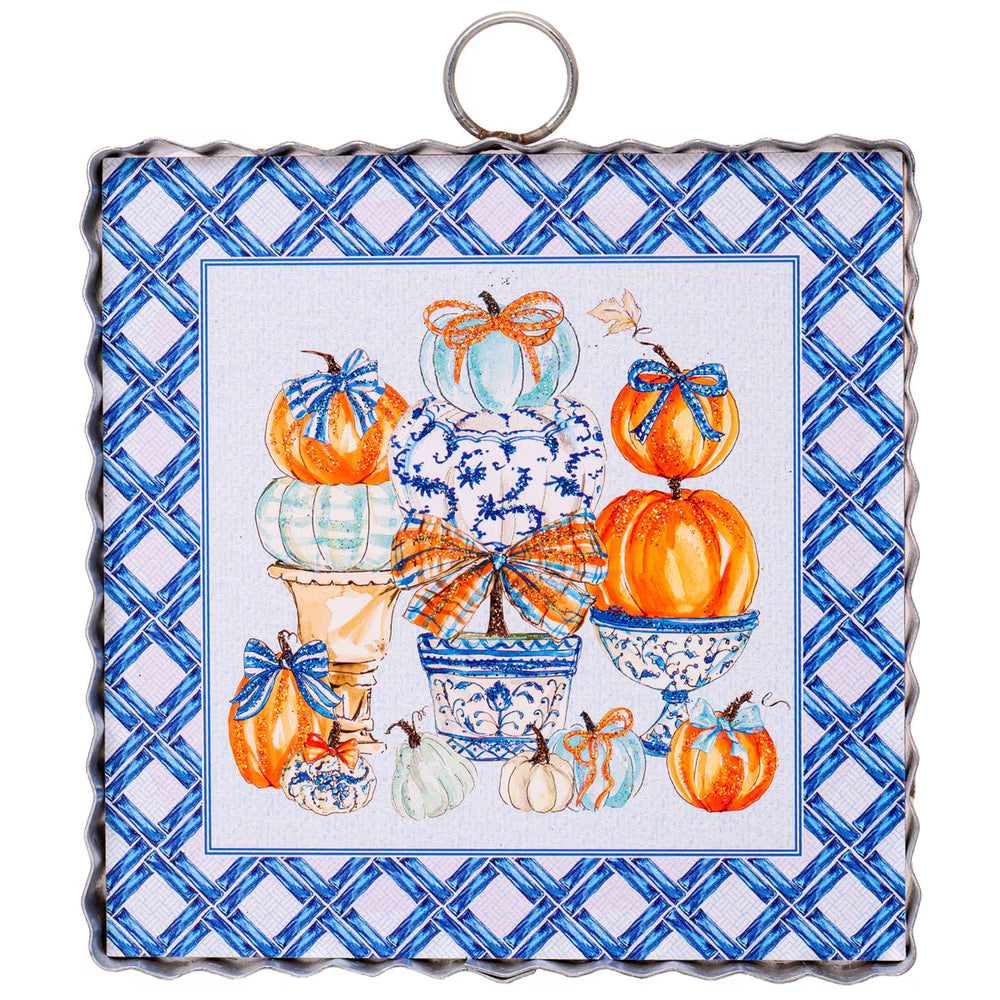 Rosanne Beck Blue Pumpkin Topiary Mini Gallery Art with orange, blue and white pumpkins, chinoiserie pottery, bows and glitter accents.