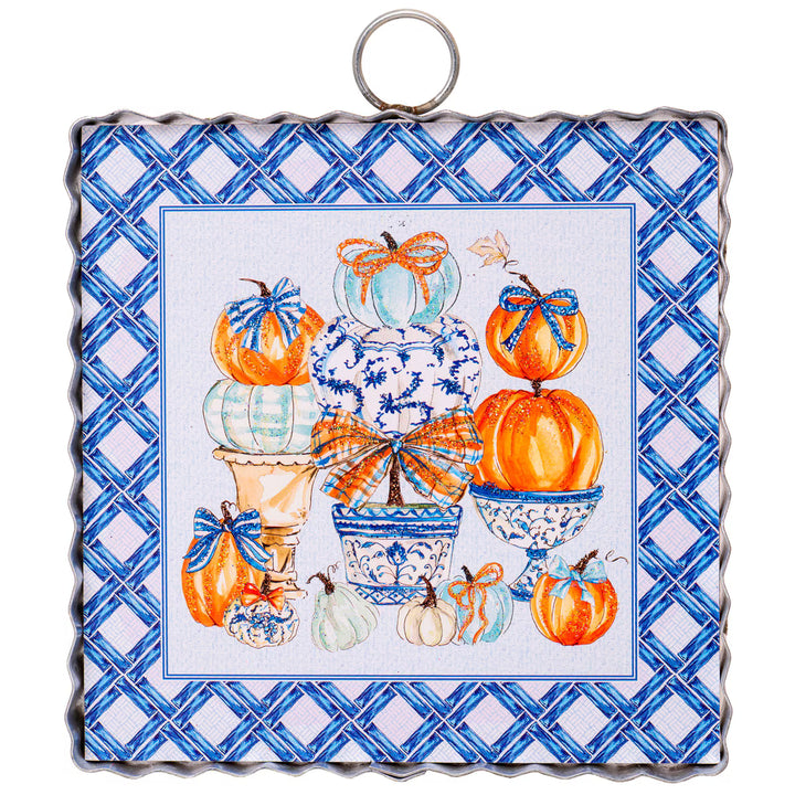 Rosanne Beck Blue Pumpkin Topiary Mini Gallery Art with orange, blue and white pumpkins, chinoiserie pottery, bows and glitter accents.