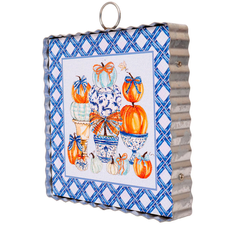 Round Top Collection Blue Pumpkin Topiary Mini Gallery Art featuring Rosanne Beck pumpkin artwork, blue lattice border, corrugated metal edge and hanging ring.