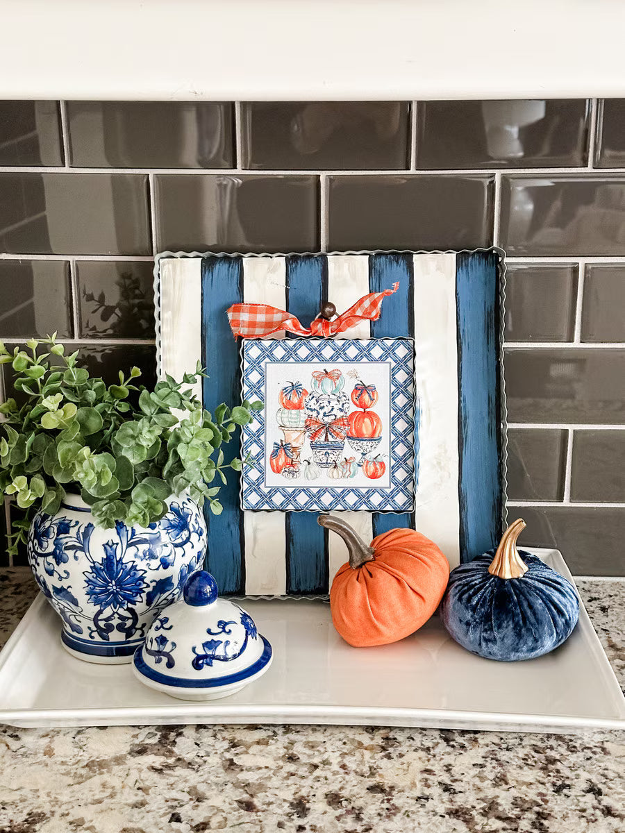 Blue Pumpkin Topiary Mini Gallery Art by Rosanne Beck displayed with blue and white chinoiserie pottery, greenery and velvet pumpkins.