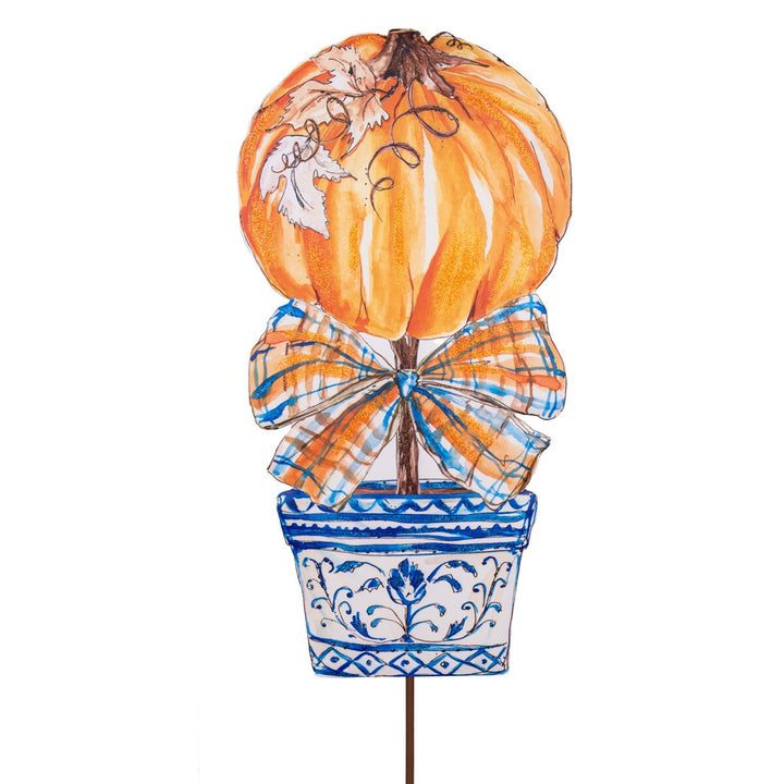 Blue Pumpkin Topiary by Rosanne Beck featuring an orange pumpkin, oversized plaid bow, blue and white planter and glitter accents.