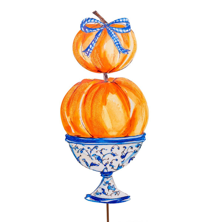 Rosanne Beck Blue &amp; White Two Pumpkin Topiary featuring stacked orange pumpkins, blue gingham bow, blue and white urn and glitter accents.