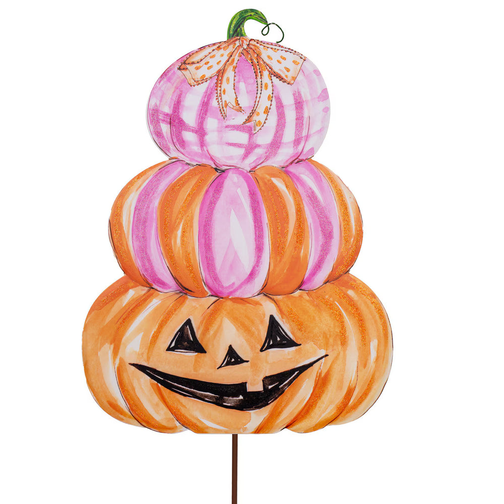 Beck's Large Pink Pumpkin Stack by The Round Top Collection featuring pink gingham, pink and orange striped, and smiling jack-o'-lantern pumpkins.