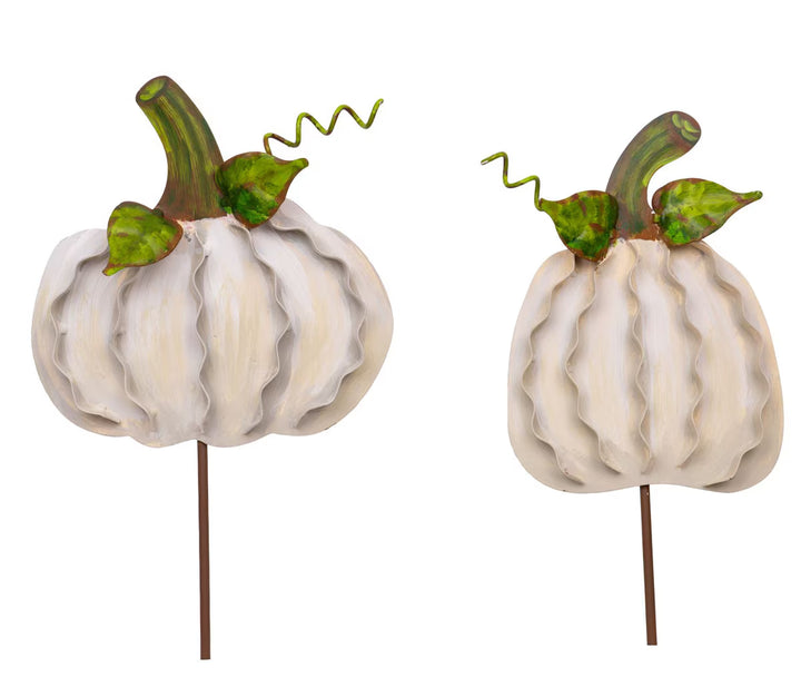 Two Round Top Collection Cream Ribbon Pumpkins with dimensional white metal details, brown stems, green leaves and curly vine accents.