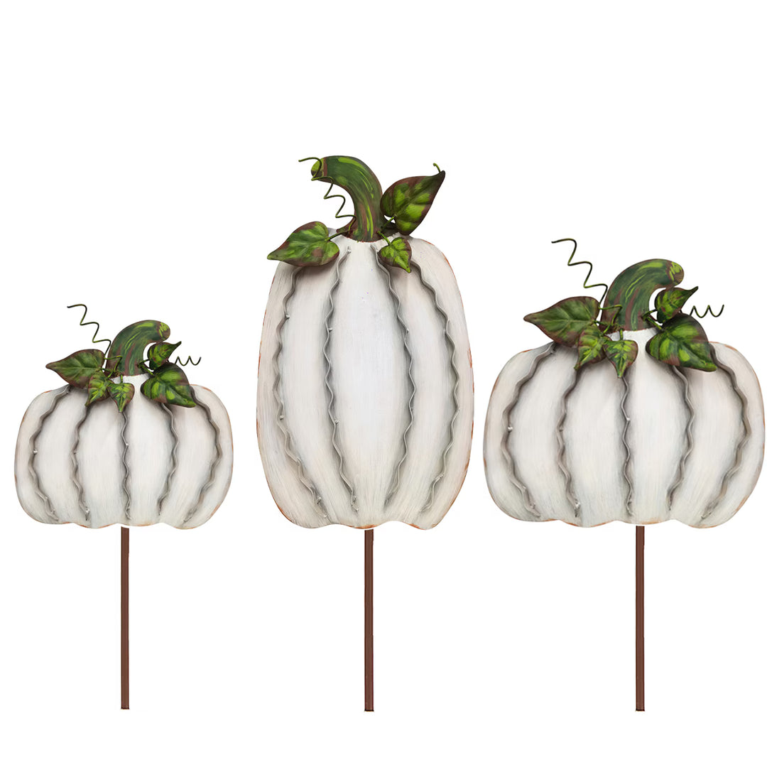 Three Medium Cream Ribbon Pumpkins by Round Top Collection featuring dimensional wavy metal accents, green leaves, stems and curly vines.