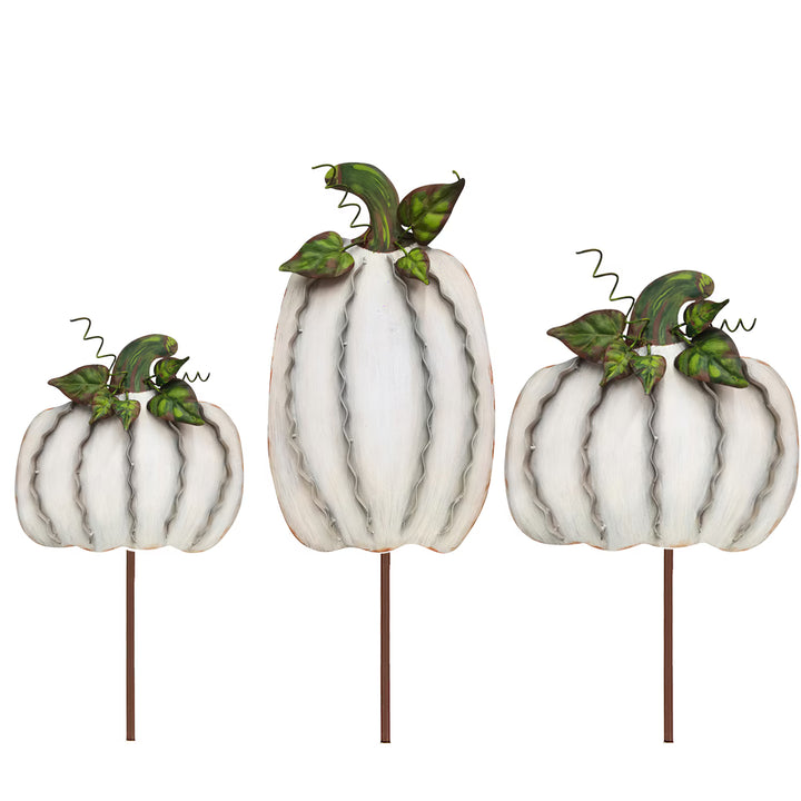 Three Medium Cream Ribbon Pumpkins by Round Top Collection featuring dimensional wavy metal accents, green leaves, stems and curly vines.
