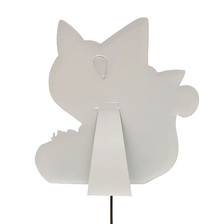 Back of Sweet Kitty Witch metal Halloween decoration showing attached hanger, freestanding easel and garden stake.