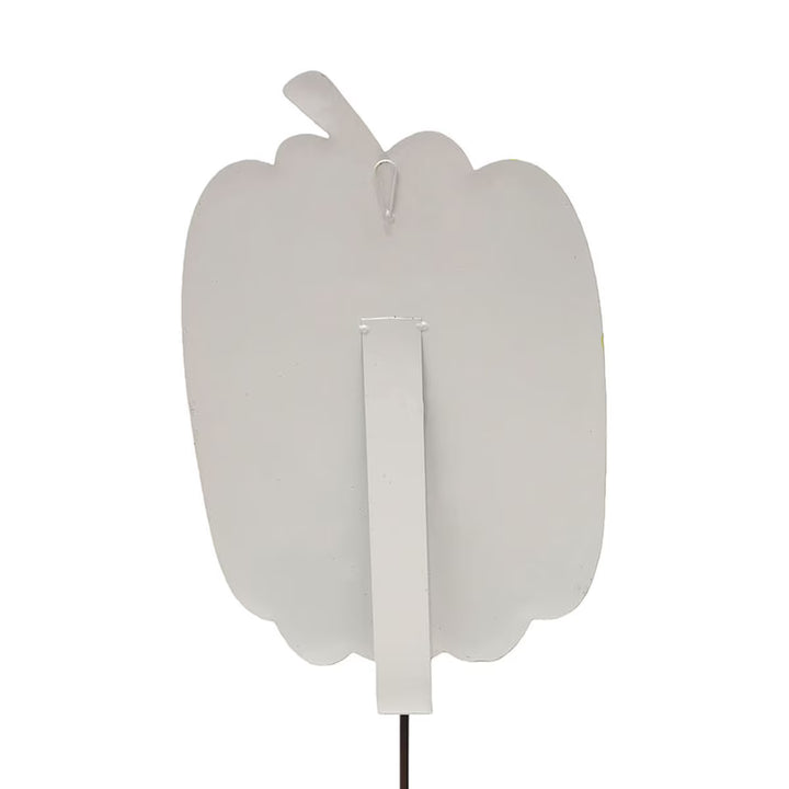 Back of Party Pumpkin by The Round Top Collection showing easel stand, hanging loop and garden stake display options.