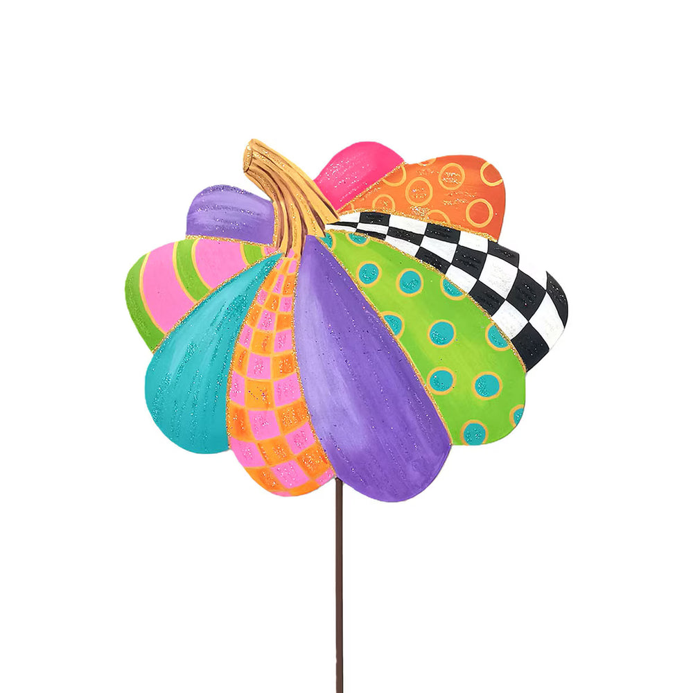 Small Party Pumpkin by The Round Top Collection with colorful pink, purple, turquoise, lime green, orange and black-and-white patterned sections.