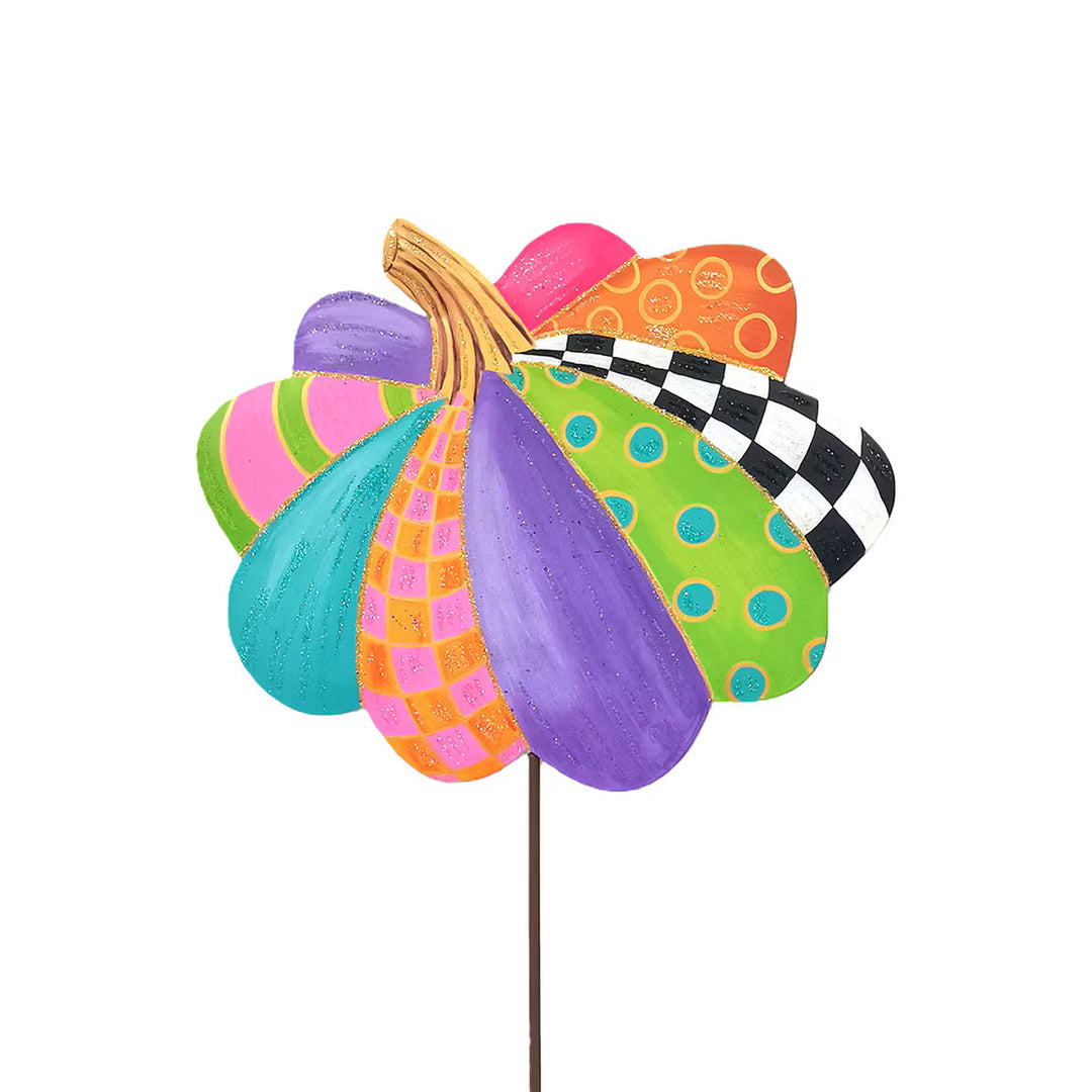 Small Party Pumpkin by The Round Top Collection with colorful pink, purple, turquoise, lime green, orange and black-and-white patterned sections.