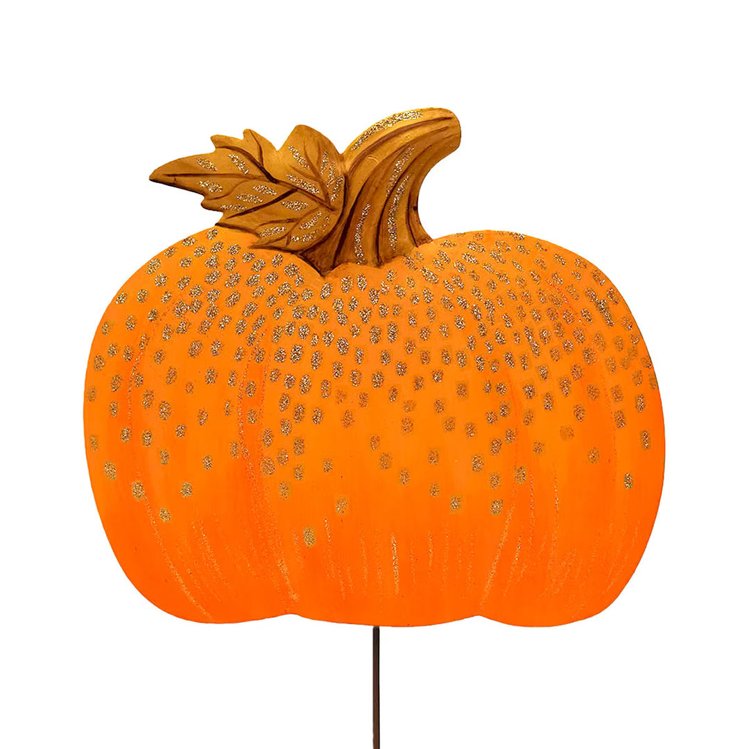Gold and Orange Pumpkin by The Round Top Collection with bright orange finish, cascading gold glitter accents and dimensional gold stem and leaf.