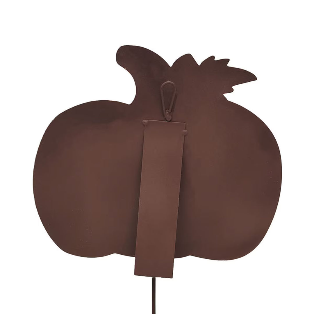 Back of Round Top Collection Gold and Orange Pumpkin showing built-in easel, hanging hook and removable garden stake.