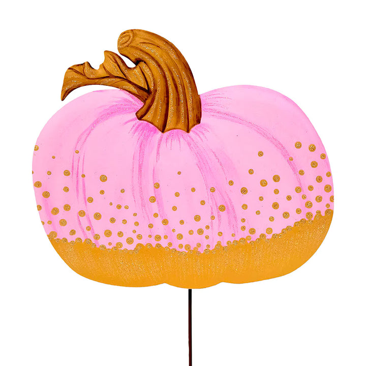 Pink and Gold Pumpkin by The Round Top Collection featuring gold dot accents, glittery gold-dipped bottom and decorative gold stem.