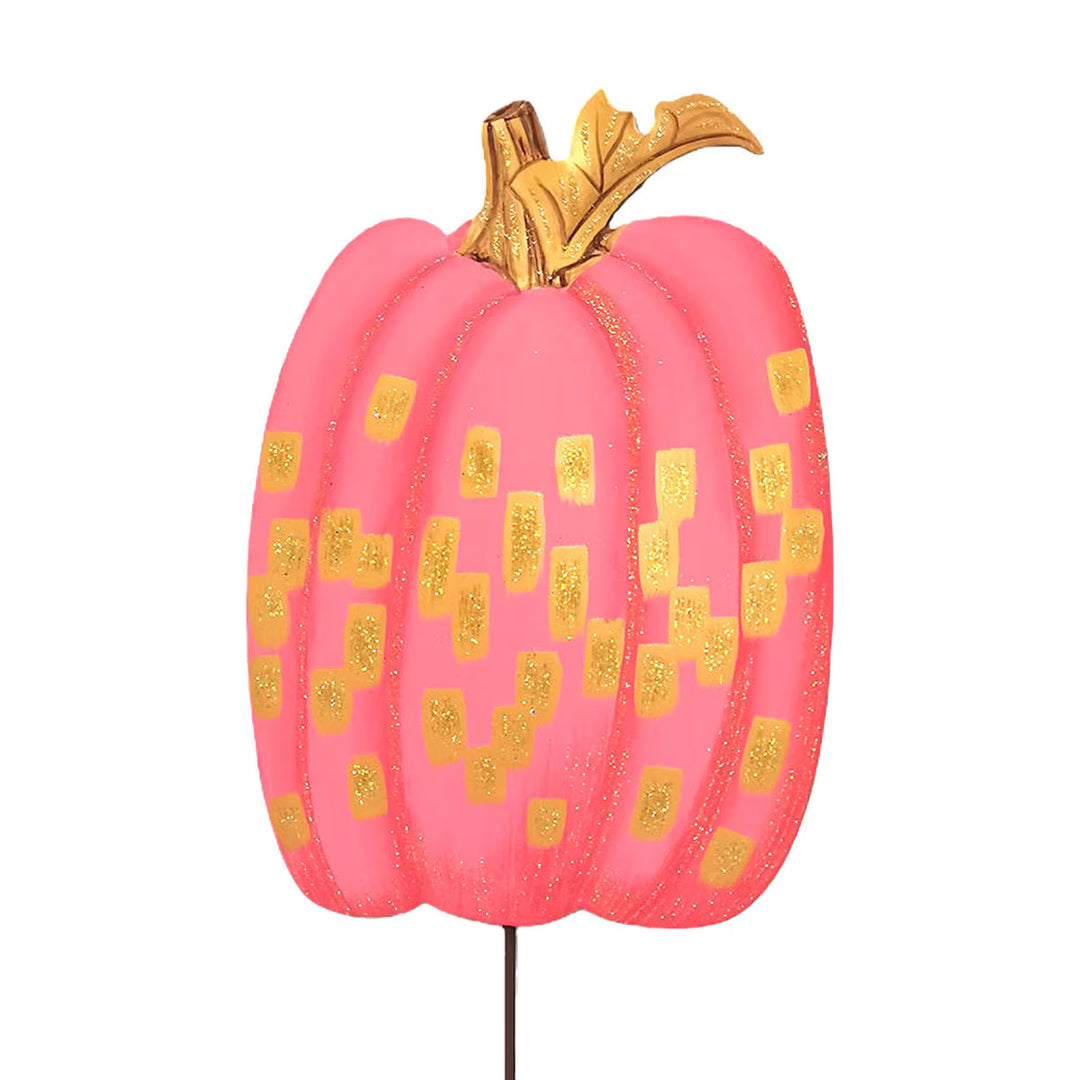 Round Top Collection Gold and Hot Pink Pumpkin featuring glittery gold geometric accents, gold stem and leaf, and garden stake.