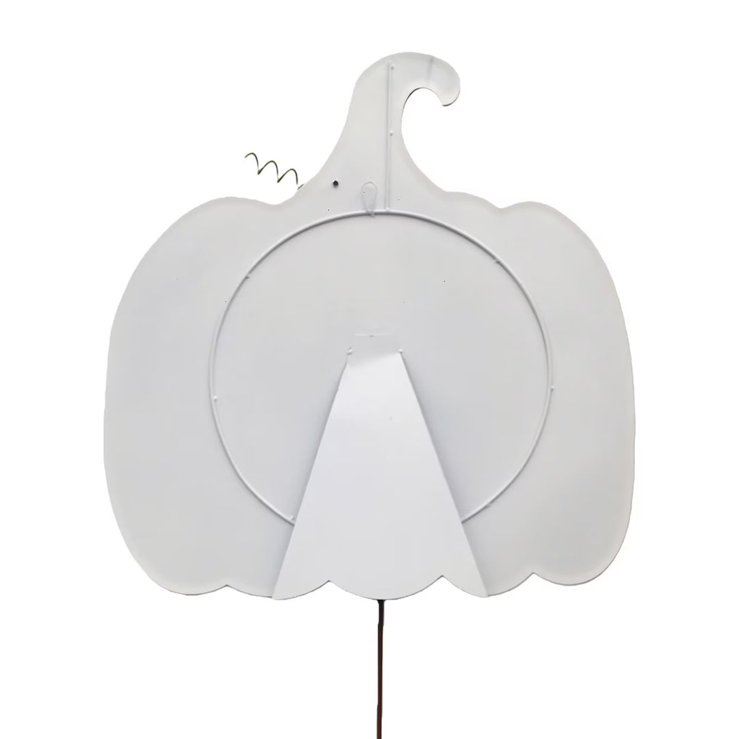 Back of Pumpkin by The Round Top Collection showing easel stand, hanging loop and garden stake display options.
