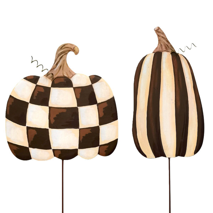 Chocolate checked and striped pumpkins by The Round Top Collection featuring coordinating brown and cream fall patterns, sold separately.