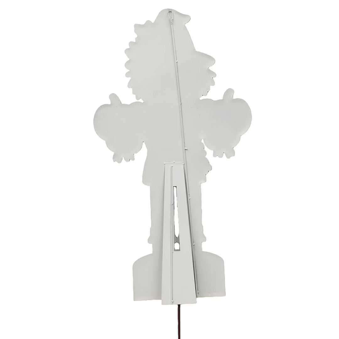 Back of Large Round Top Collection Scarecrow Nutcracker showing easel, hanging hardware and stake for three display options.