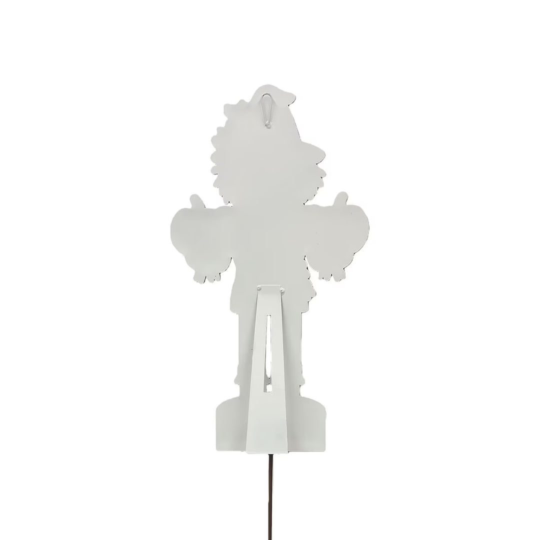 Back of Small Scarecrow Nutcracker by Round Top Collection showing easel, hanging hardware and garden stake display options.