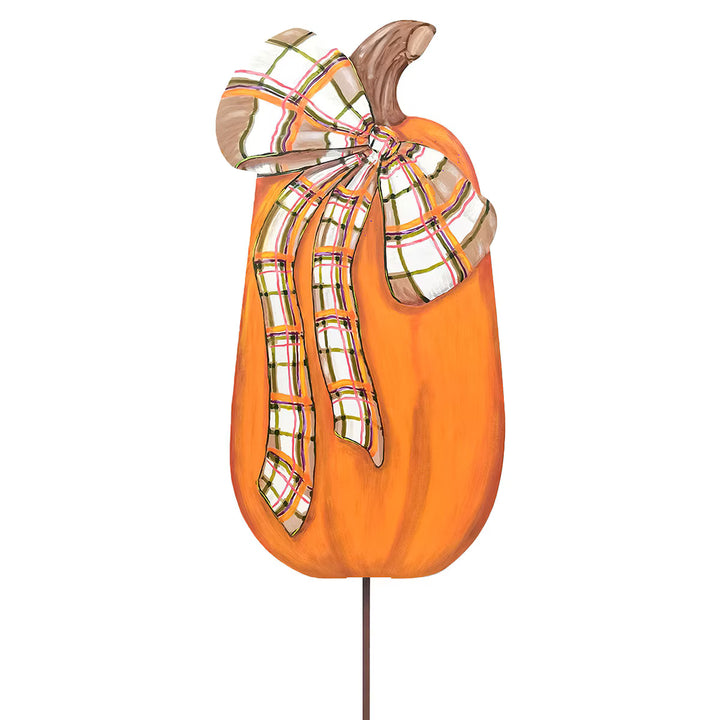 30-inch Large Modern Plaid Pumpkin by The Round Top Collection featuring an orange pumpkin and oversized cream plaid bow.