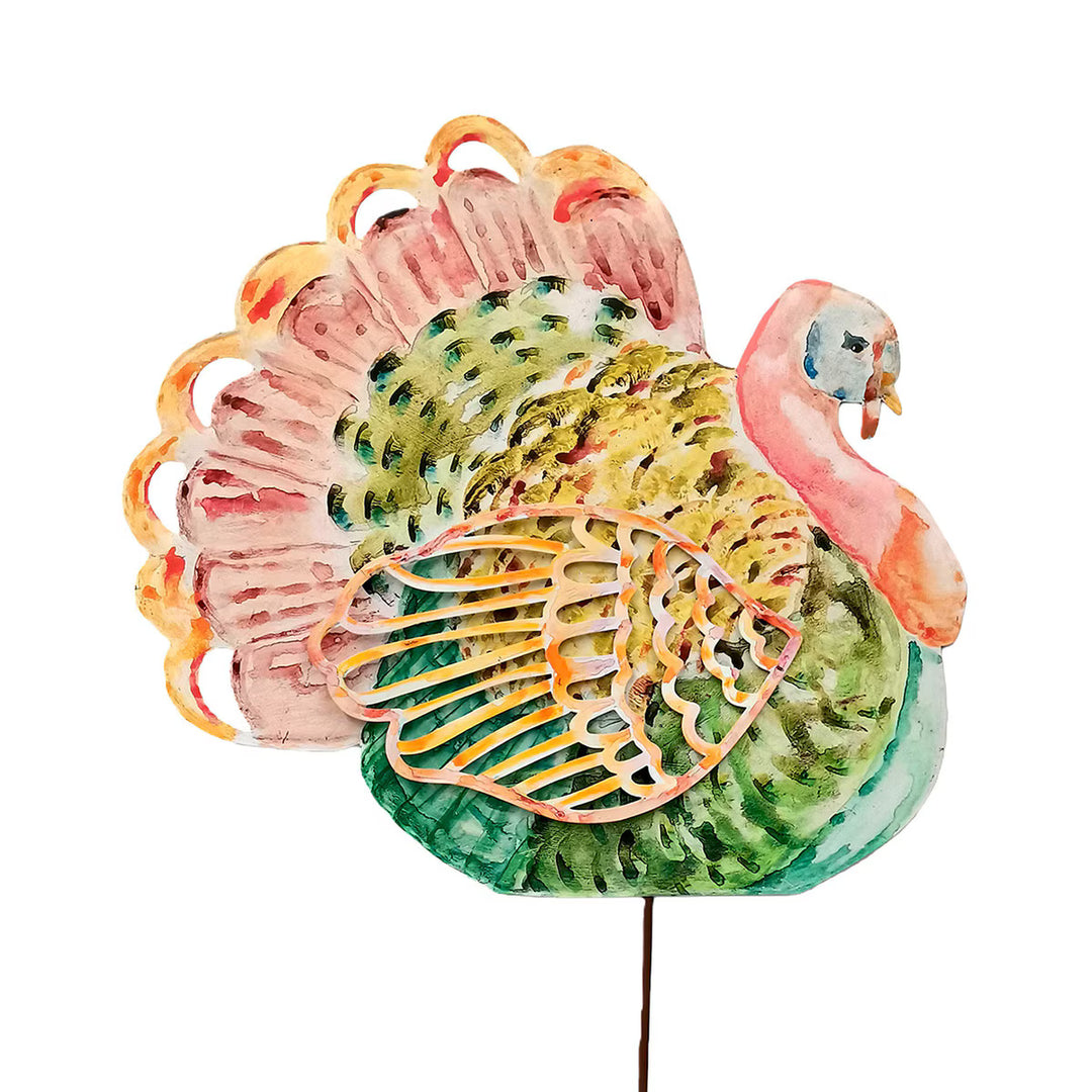 The Round Top Collection Watercolor Turkey featuring pink, green, teal and golden watercolor feathers with decorative dimensional wing.
