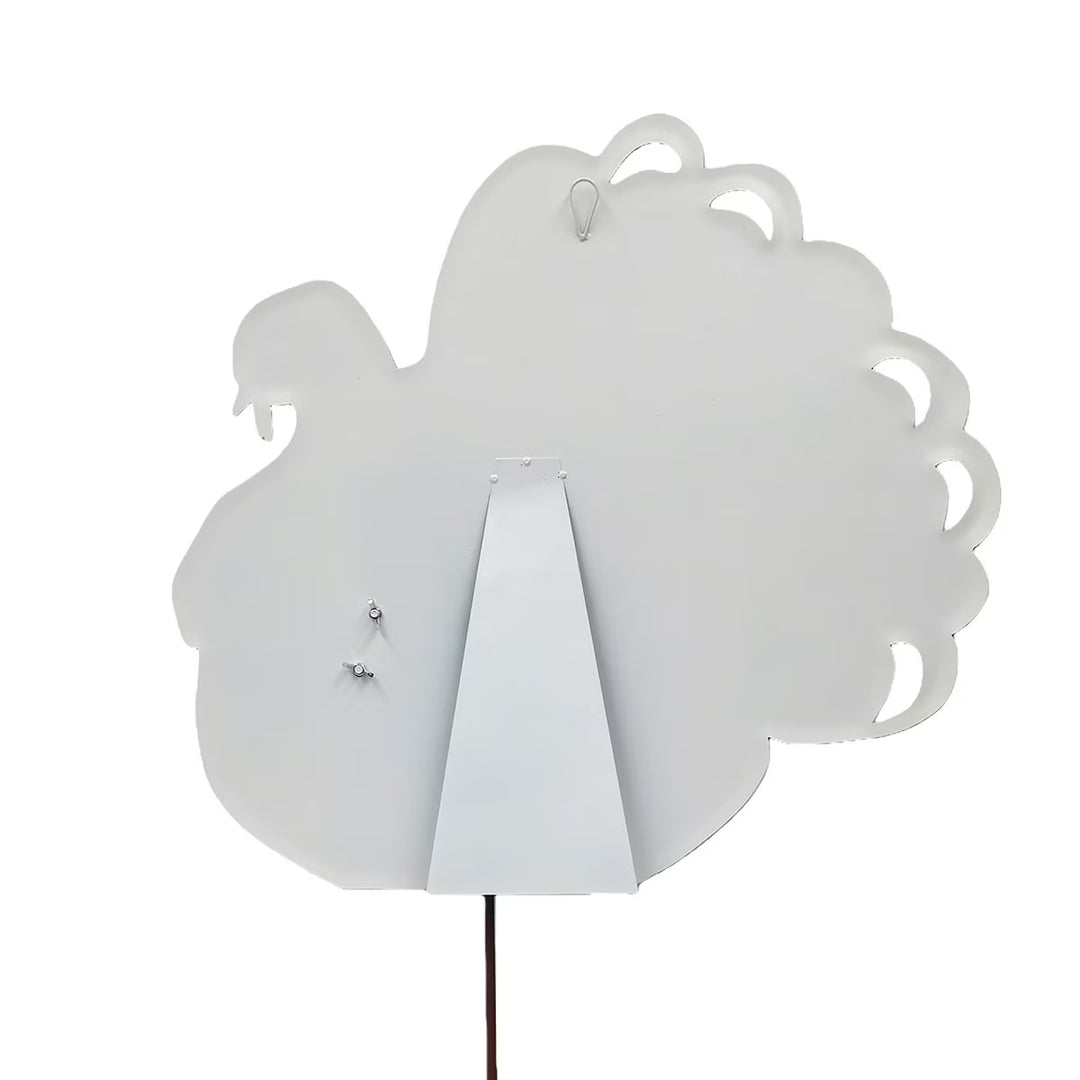 Back view of Watercolor Turkey by The Round Top Collection showing easel, hanging loop and stake options for versatile Thanksgiving decorating.