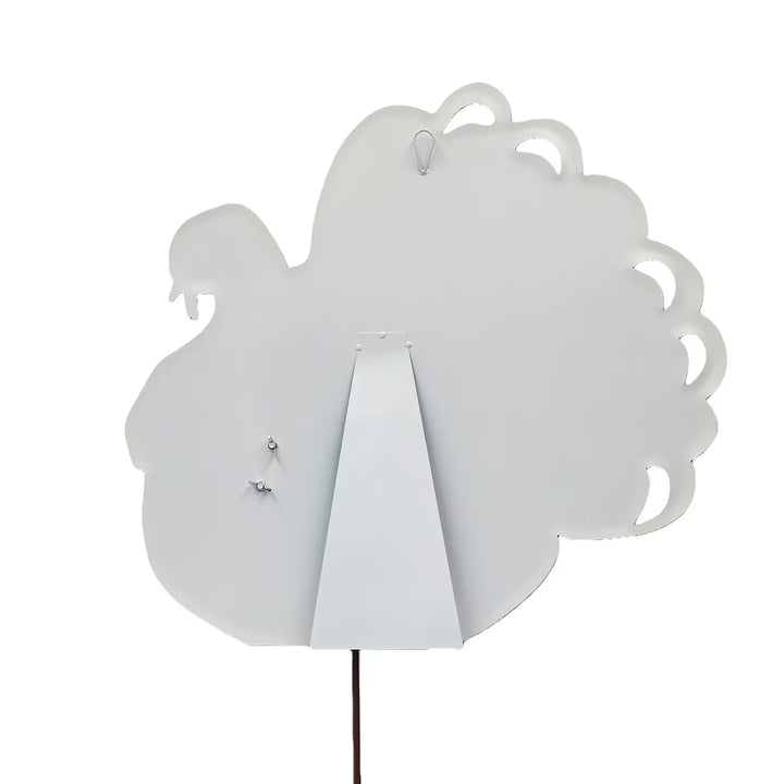 Back view of Watercolor Turkey by The Round Top Collection showing easel, hanging loop and stake options for versatile Thanksgiving decorating.