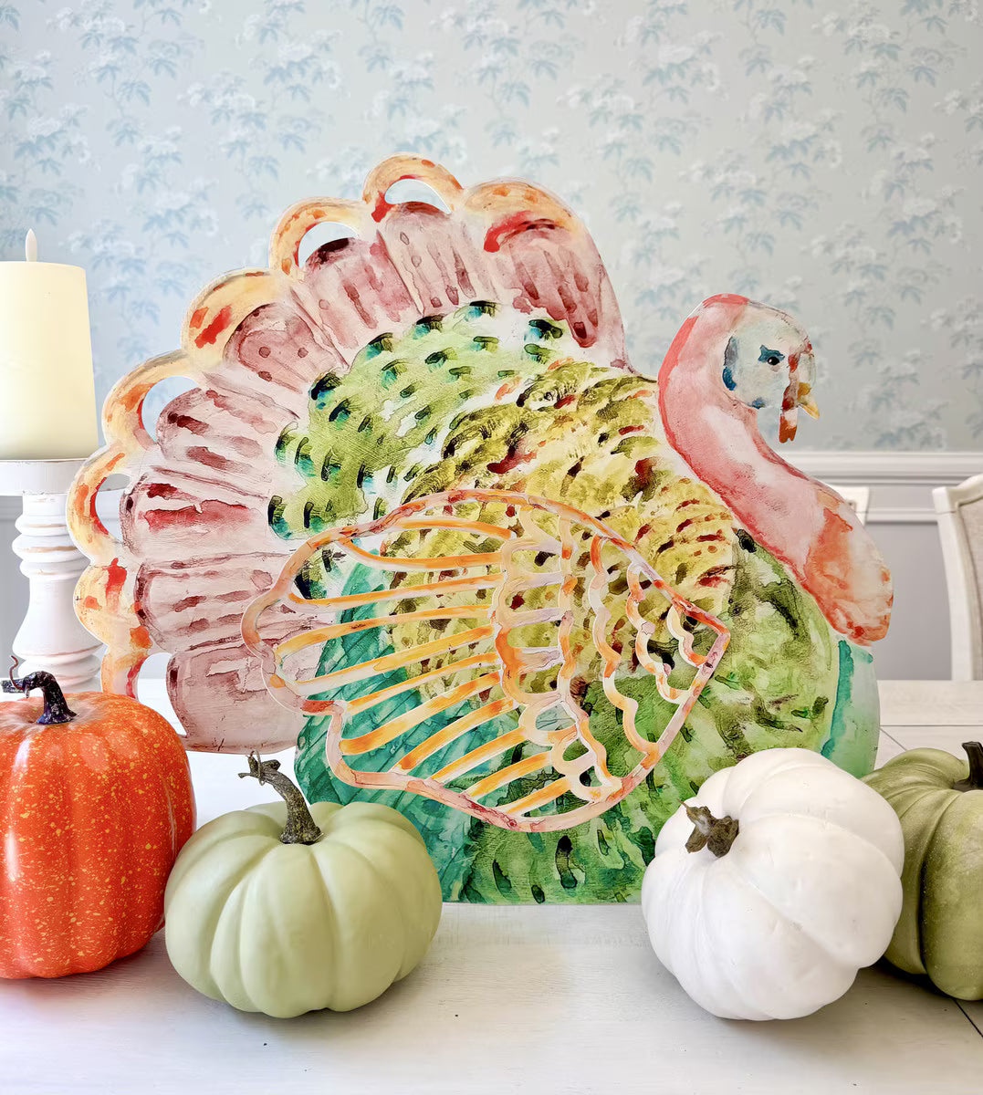 Watercolor Turkey by The Round Top Collection styled with orange, sage green and white pumpkins for colorful Thanksgiving table décor.